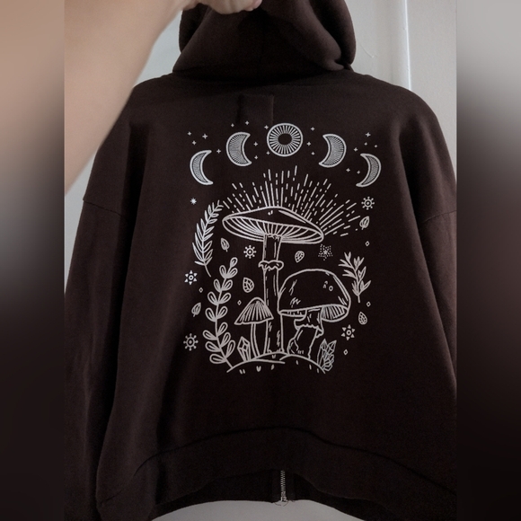 Y2K Chocolate Brown Teddy Jacket with Printed Mushroom Details - Picture 5 of 8